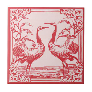 Azulejo Aves retro dos grullas Art Decó Art Nouveau Rojo