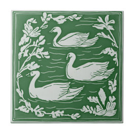 Azulejo Aves retro Vintage Cisnes Verdes de Art Nouveau