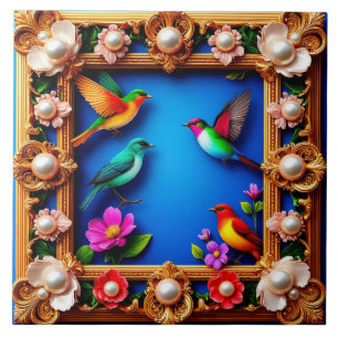 Azulejo Aves Vibrantes Rodeadas de Marco Floral Ornate
