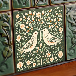 Azulejo Aves y árbol de la vida Art Nouveau verde