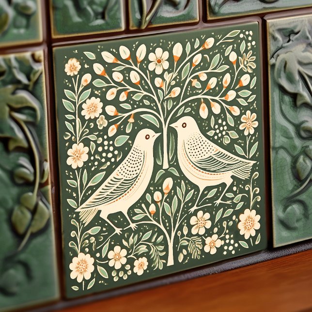 Azulejo Aves y árbol de la vida Art Nouveau verde (Subido por el creador)