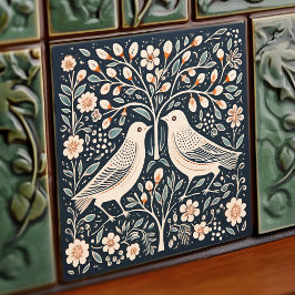 Azulejo Aves y árbol de la vida azul Naranja Art Nouveau
