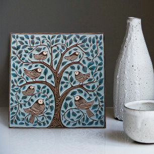 Azulejo Aves y Árbol de la Vida Azul Suave Art Nouveau