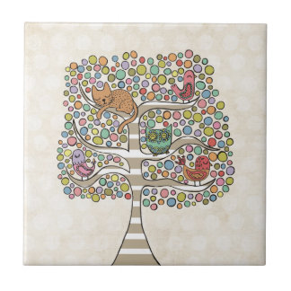 Azulejo Aves y búhos de gato en un Ilustracion de árbol