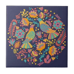 Azulejo Aves y flores de arte folclórico mexicano de color