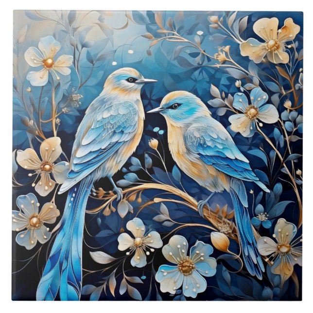 Azulejo Aves y flores, ornamentales y hermosas, (Frente)