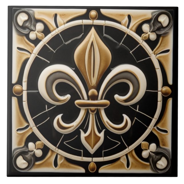 Azulejo Ayuda de oro y flor negro de Lis Faux (Frente)