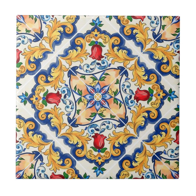 Azulejo Azafrán Rojo Floral Sicilia Majólica Mediterráneo (Frente)