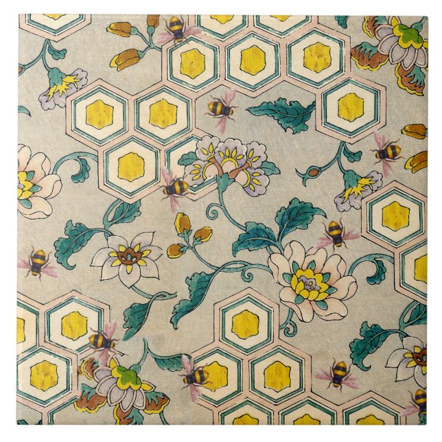 AZULEJO AZAS DE MIEL, BEEHIVAS, FLORES DE PRIMAVERA ACOGED (Frente)