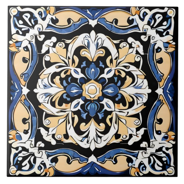 Azulejo Azul Amarillo Blanco Negro Azuleju Español Marroqu (Frente)