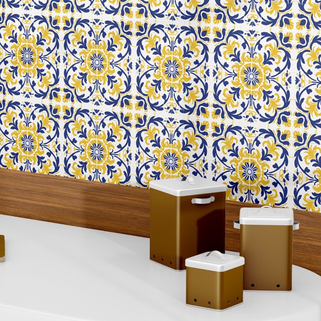 Azulejo azul amarillo español Decoración elegante  (Blue Yellow Spanish Azulejo Decor Modern Elegant Ceramic Tile)