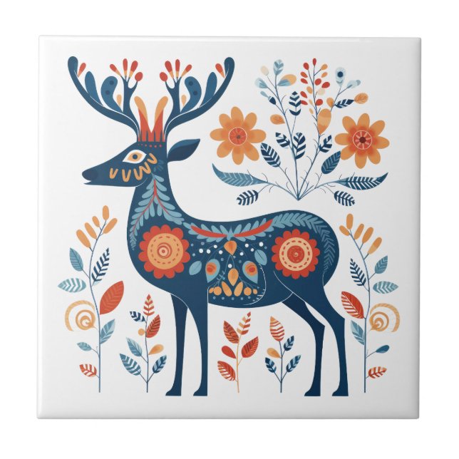 Azulejo Azul Antler Deer Escandinavia Arte Folclórico (Frente)