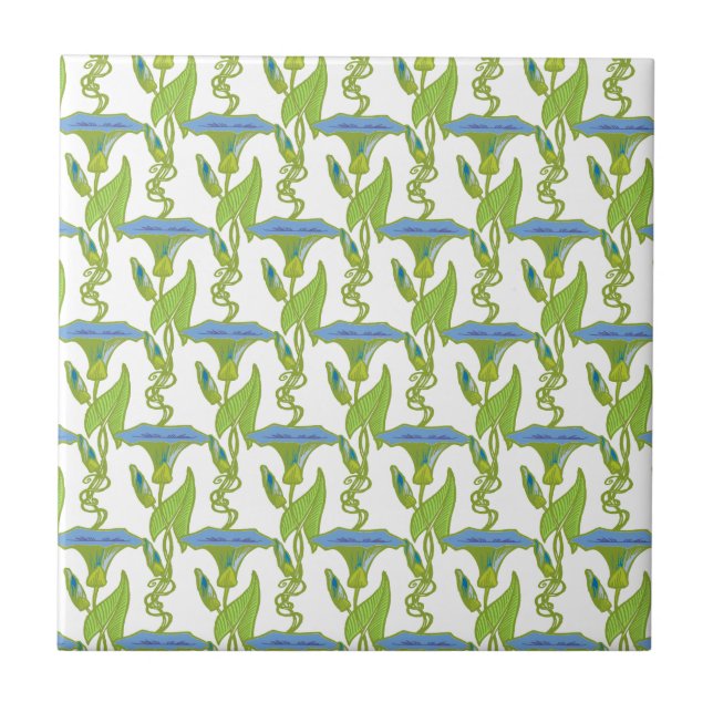 Azulejo Azul Art Nouveau Ipomoea tapicería floral damasco (Frente)