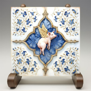 Azulejo Azul Blanco Dorado Cerdo Trabajos en Pergamino Med