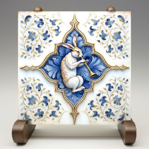 Azulejo Azul Blanco Dorado Liebre Trabajos en Pergamino Me