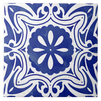 Azulejo Azul Blanco Mediterráneo Abstracto Floral