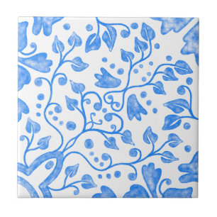Azulejo Azul Blanco Vintage Original Acuarela Única