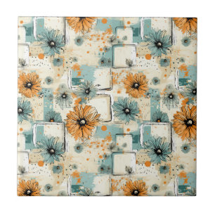 Azulejo Azul Botánico Floral Crema Naranja Antiguo
