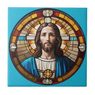 Azulejo Azul Circular de Jesucristo Faux Stained Glass