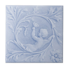 Azulejo Azul claro Repro 1880 Minton Faux Relief Cherub
