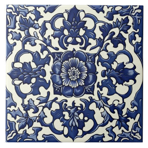 Azulejo Azul Cobalto y Rollo Floral de Marfil