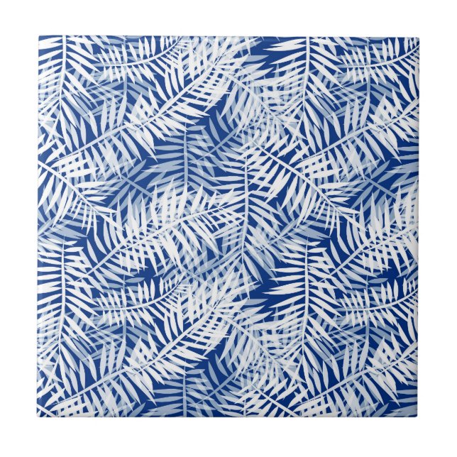 Azulejo Azul con patrón tropical blanco (Frente)