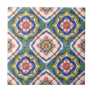 Azulejo Azul español y estampado floral rosa