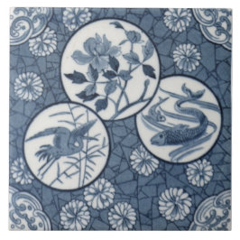 Azulejo Azul estético japonés grúa floral repro