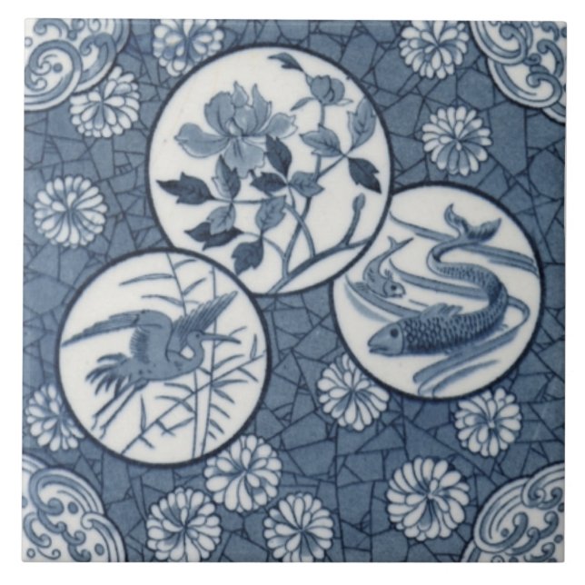 Azulejo Azul estético japonés grúa floral repro (Frente)