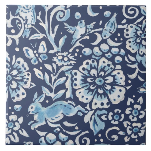 Azulejo Azul Fantasía Bosque Mural Conejo de Bosques abajo (Frente)