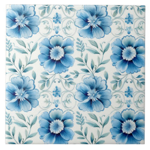 Azulejo Azul Floral Mediterráneo Elegante