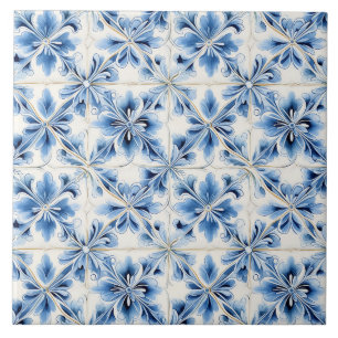 Azulejo Azul Floral Mediterráneo Vintage