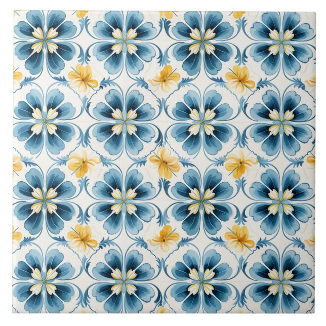 Azulejo Azul Floral Vintage Elegante (Frente)