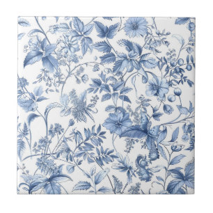 Azulejo Azul Floral Vintage Toile Elegante