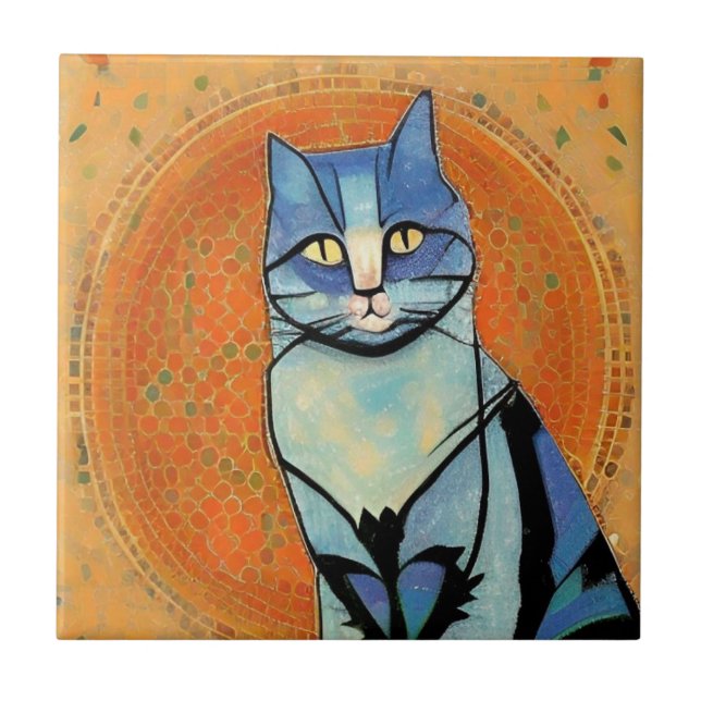Azulejo Azul gato mosaico marroquí arte abstracto sol dora (Frente)