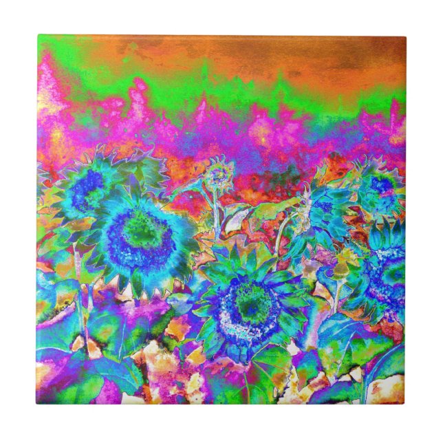 Azulejo Azul girasol rosa morado floral retro funky (Frente)