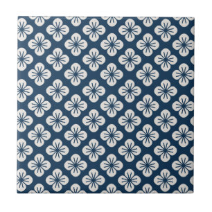 Azulejo Azul Marina Japonés Patrón Floral Geométrico Marfi