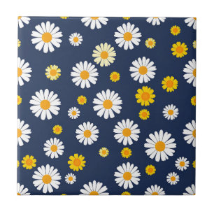 Azulejo Azul Marino Amarillo Floral Daisies Patrón Sencill