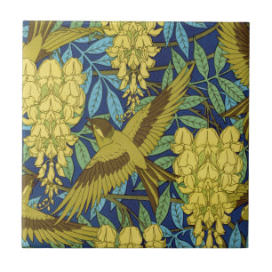 Azulejo Azul Marino Antiguo Pájaro y Patrón Floral Amarill