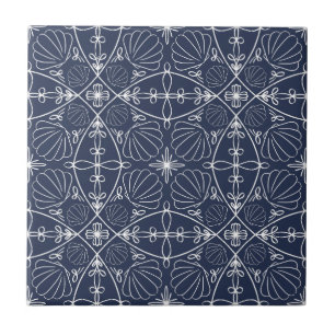 Azulejo Azul Marino Náutico Abstracto Elegante de Conchas 