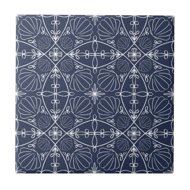 Azulejo Azul Marino Náutico Abstracto Elegante de Conchas  (Frente)