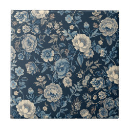 Azulejo Azul Marino Patrón Botánico Floral Vintage