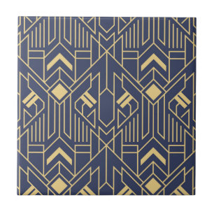 Azulejo Azul Marino Patrón Geométrico Art Deco Dorado