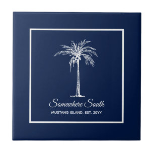 Azulejo Azul Marino Tropical Palma Blanca Personalizado