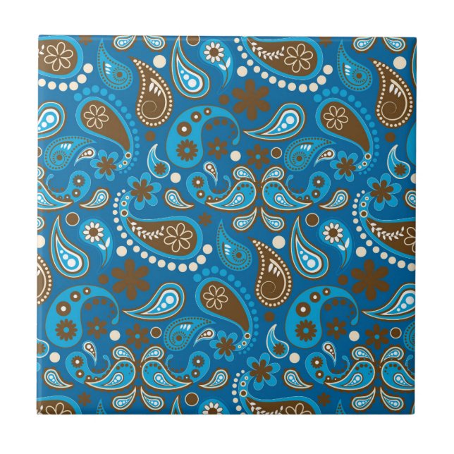 Azulejo Azul Marrón Paisley Floral Flores Granjero Elegant (Frente)