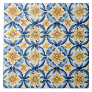 Azulejo Azul Mediterráneo y Floral Amarillo