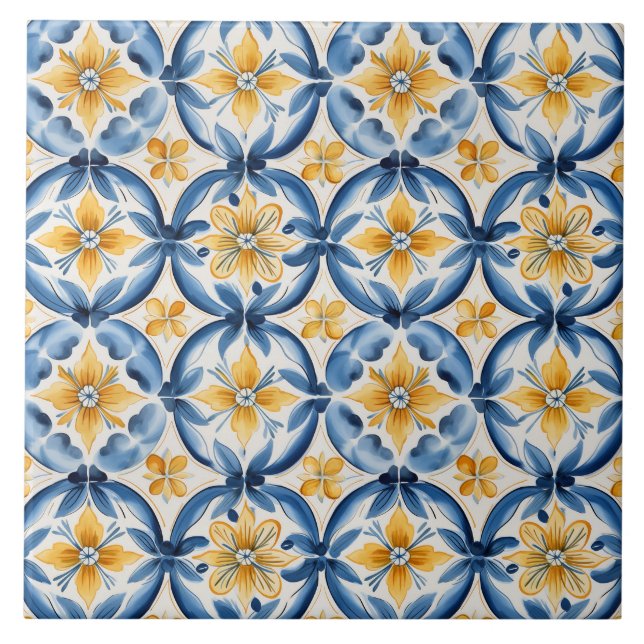 Azulejo Azul Mediterráneo y Floral Amarillo (Frente)