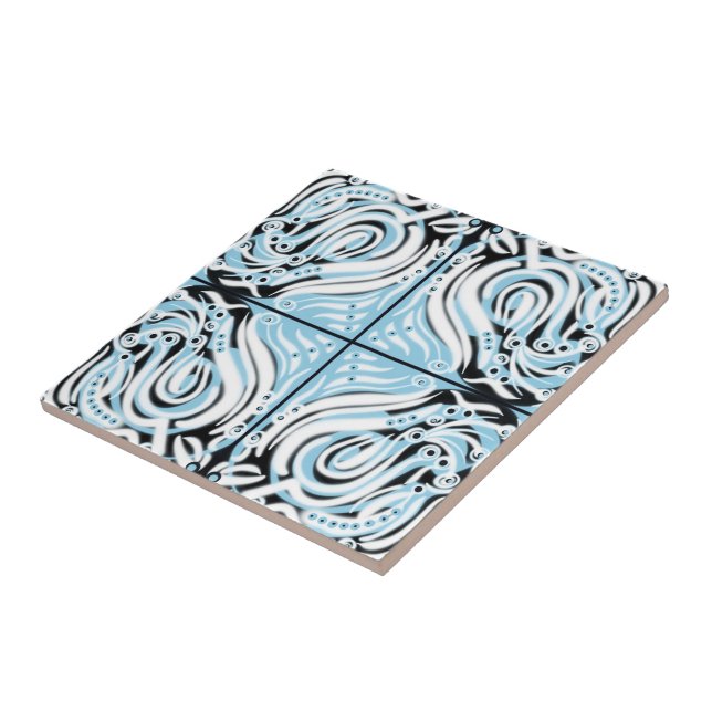 Azulejo Azul Negro Blanco Patrón Abstracto Curvo  (Lado)