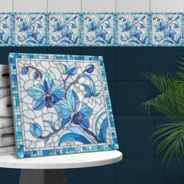 Azulejo Azul Orquídea Flor Arte Mosaico