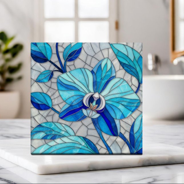 Azulejo Azul Orquídea Flor Arte Mosaico (Subido por el creador)